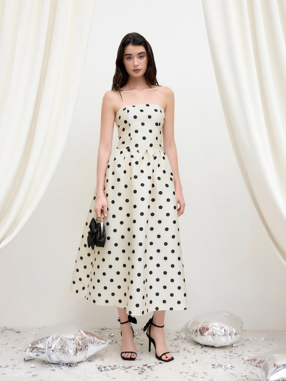 Cider Sculptural Bandeau Polka Dot Maxi Dress NWT Cream Black Size Small